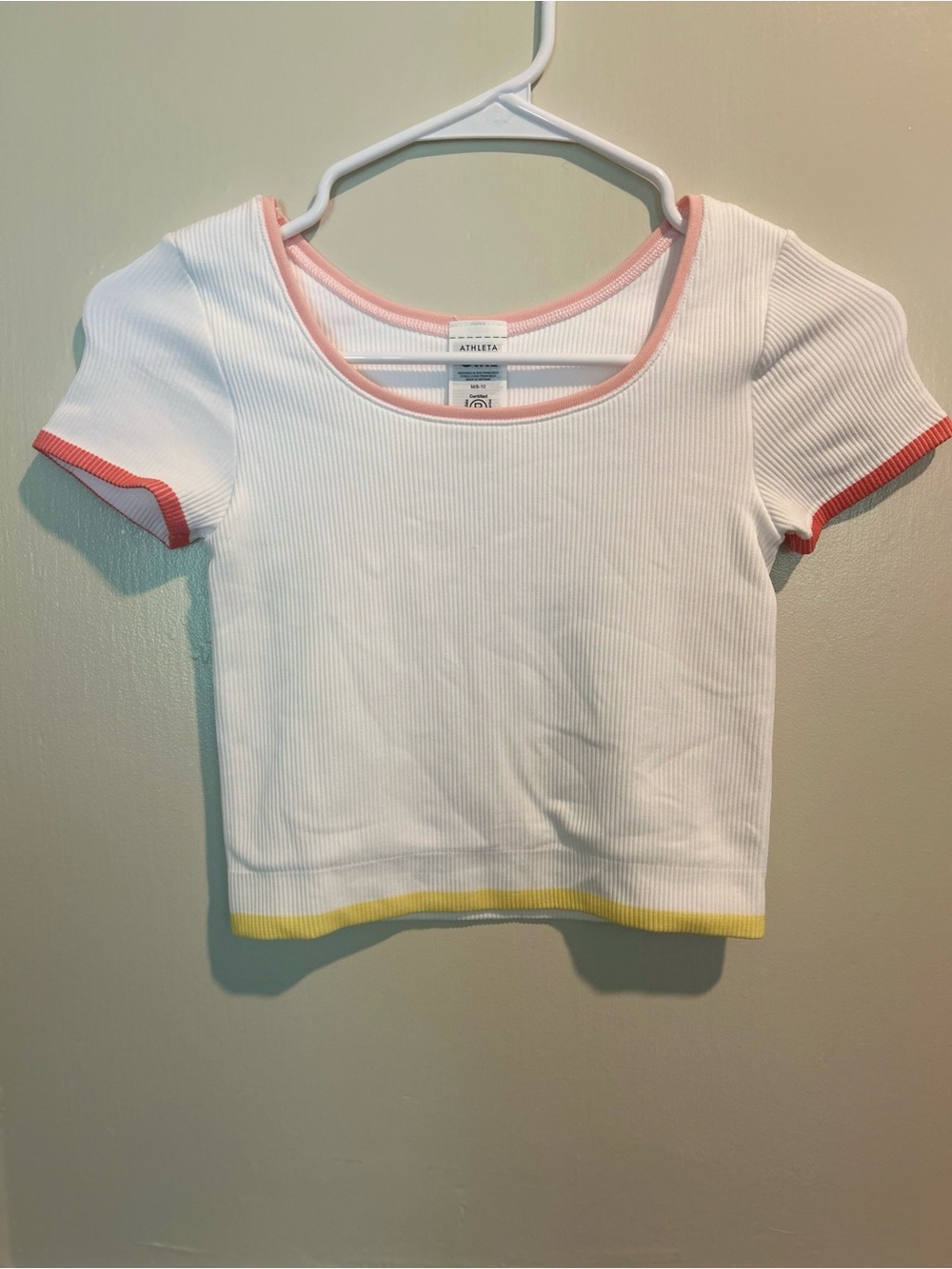 Athleta White Ribbed Crop Tee with Pink and Yellow Trim